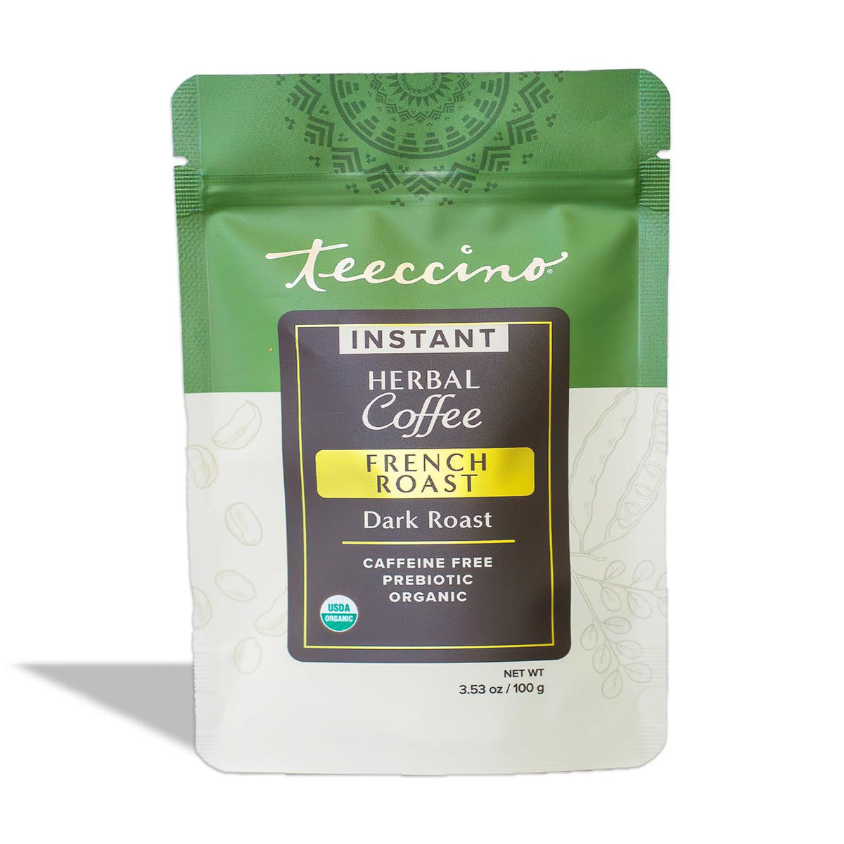 Teeccino Instant French Roast pack showcases organic, caffeine-free coffee alternative for on-the-go enjoyment.