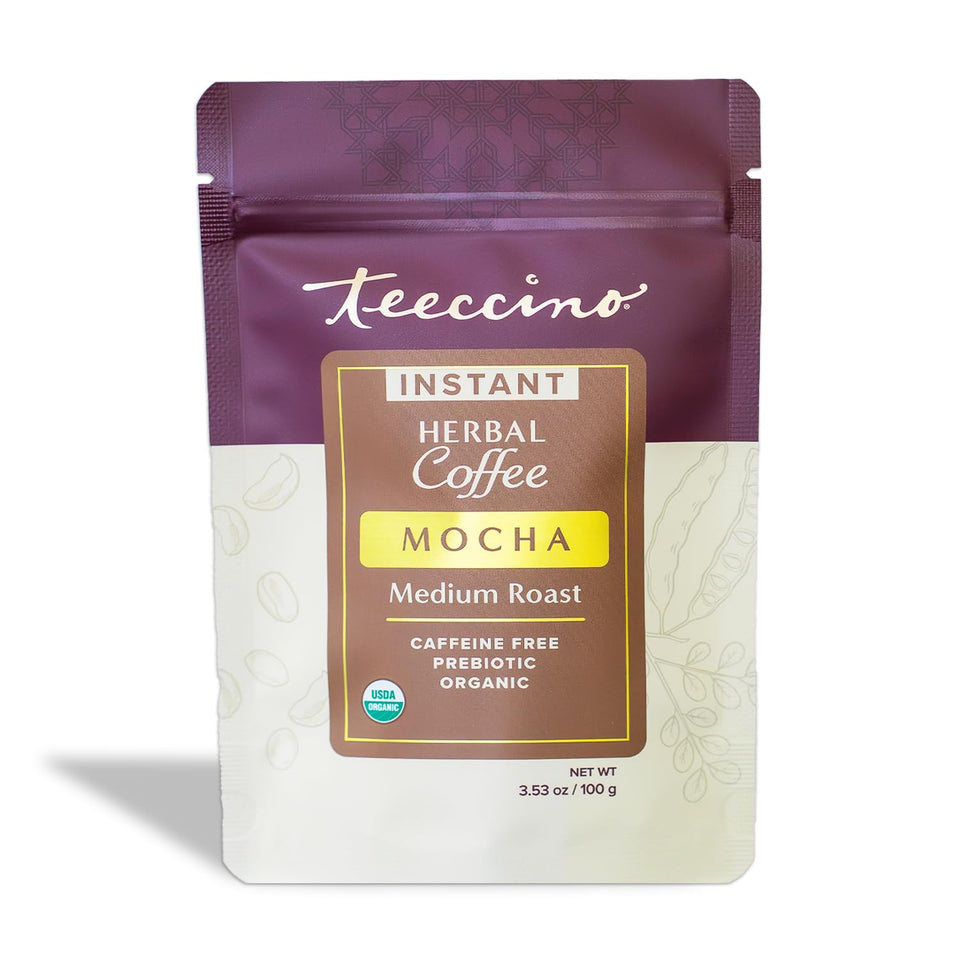 Teeccino Instant Organic Mocha cup, rich flavor, caffeine-free energy option.