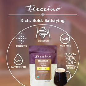 Teeccino instant mocha scoop, easy measure for quick drinks.