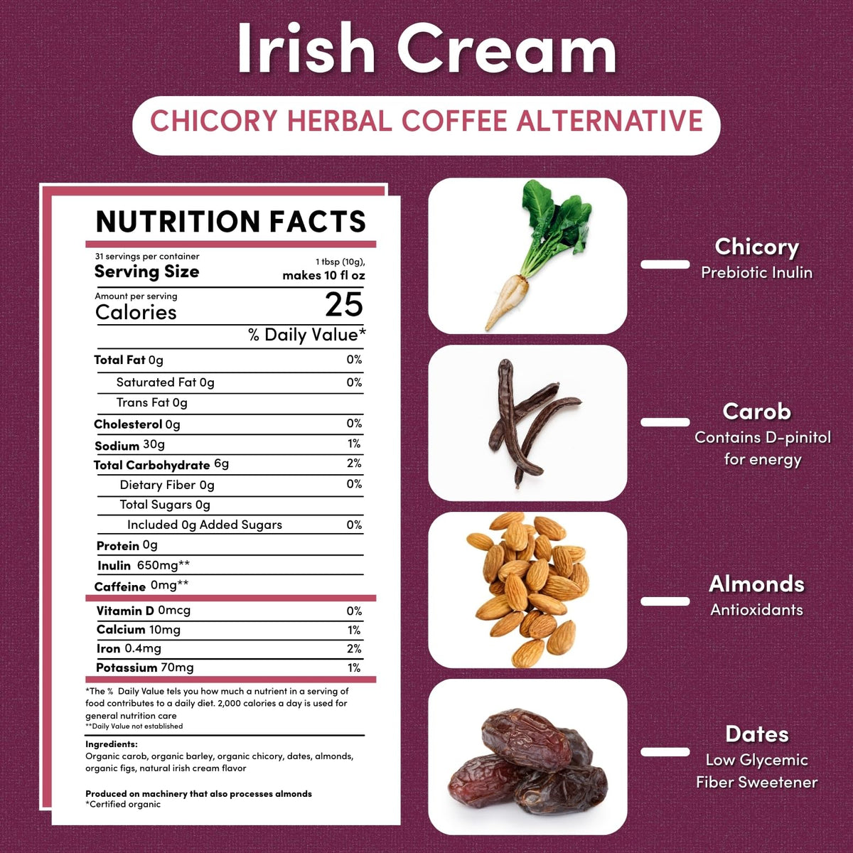 Teeccino Irish Cream Chicory hot brew in a mug for a comforting caffeine-free ritual