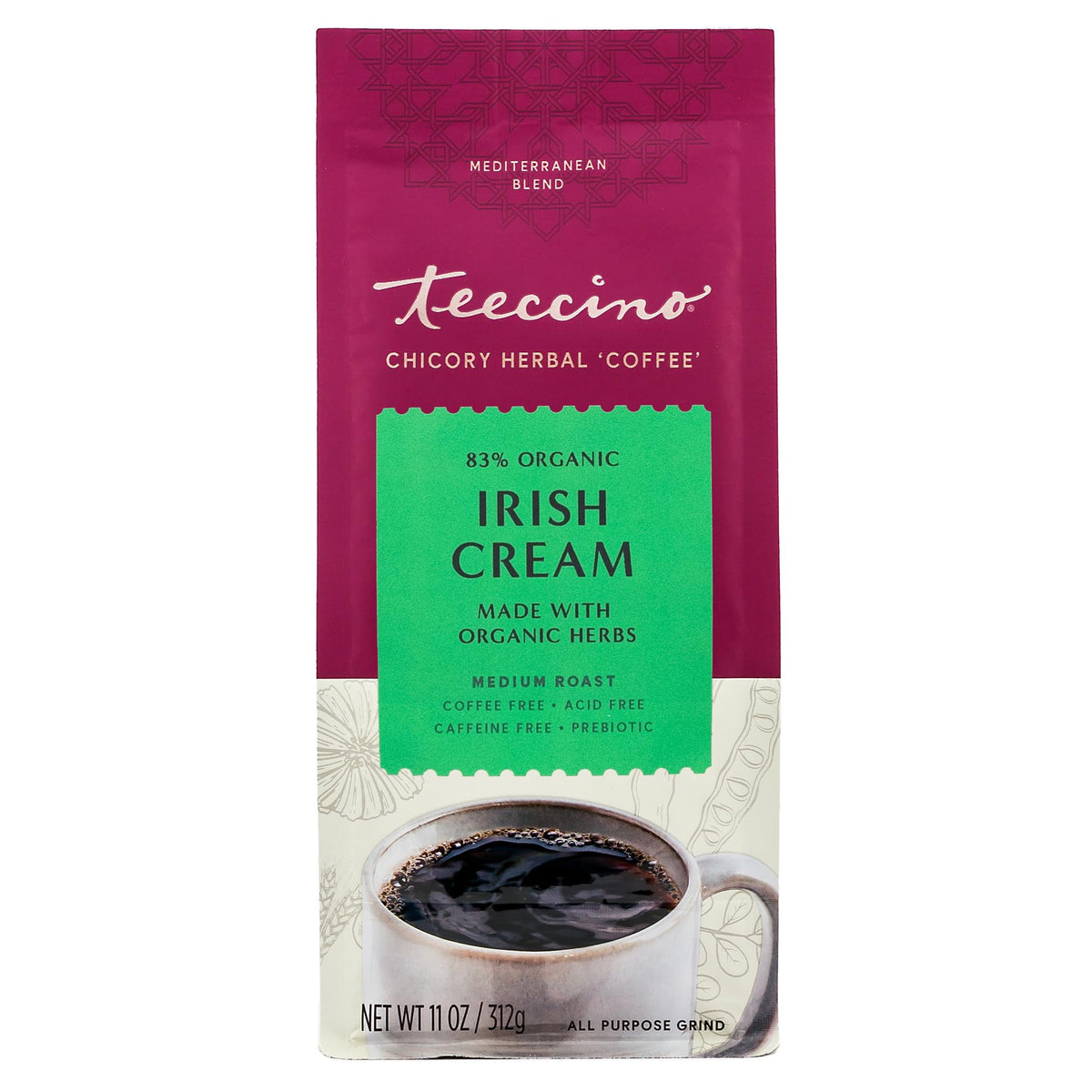 Teeccino Irish Cream Chicory cup highlighting prebiotic fiber benefits