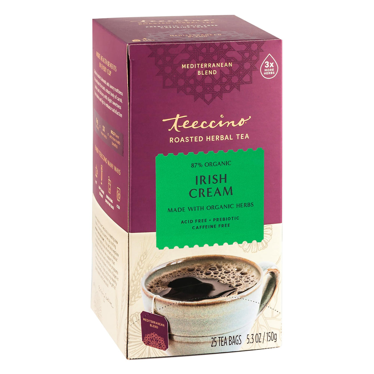 Teeccino Irish Cream Tea bags in a mug, ideal for a caffeine-free afternoon treat.
