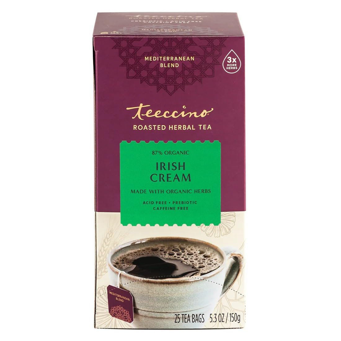 Teeccino Irish Cream Tea pack shot showcases 25 tea bags ready to brew.