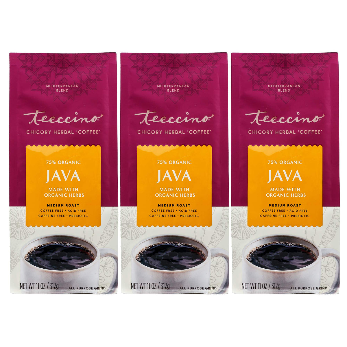 Teeccino Java Chicory Coffee Alternative pack-3 offers a caffeine-free morning ritual.
