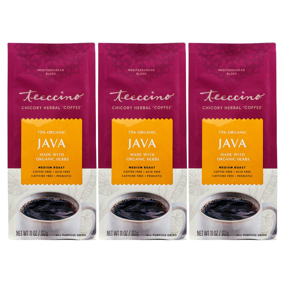 Teeccino Java Chicory Coffee Alternative pack-3 offers a caffeine-free morning ritual.