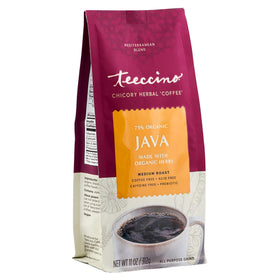 Teeccino Java Chicory coffee bag closeup showing rich aroma and caffeine-free flavor