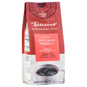 Teeccino Lions Mane Rhodiola Rose packaging highlights caffeine-free adaptogenic blend.