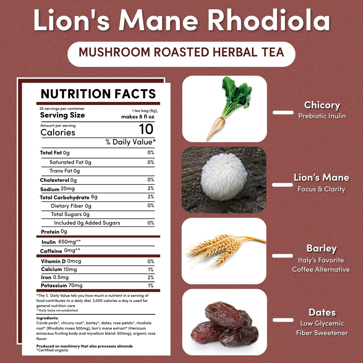 Teeccino Lions Mane Rhodiola tea cup showing mood balance in a caffeine-free sip