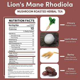 Teeccino Lions Mane Rhodiola tea cup showing mood balance in a caffeine-free sip