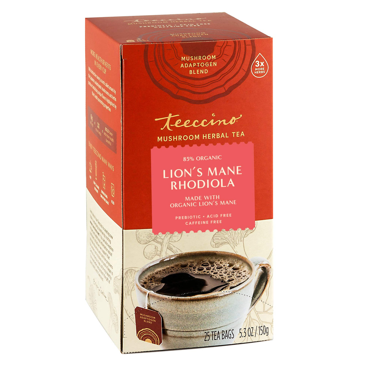 Teeccino Lions Mane Rhodiola tea bag displaying a focus-friendly blend