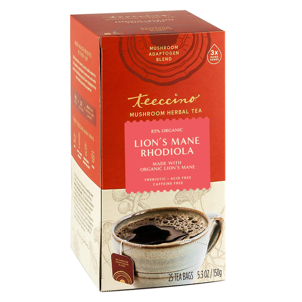 Teeccino Lions Mane Rhodiola tea bag displaying a focus-friendly blend
