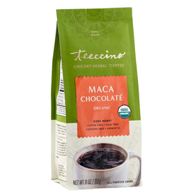 Teeccino maca chocolate chicory ground coffee ready for a rich caffeine-free brew.