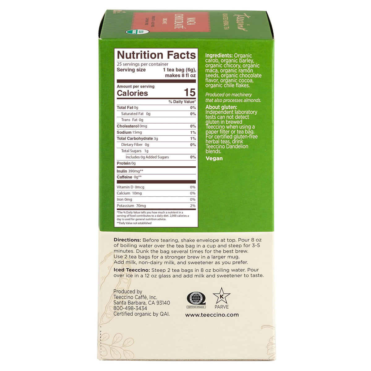 Teeccino Maca Chocolate Herbal Tea iced pour showcases versatile cold brew options