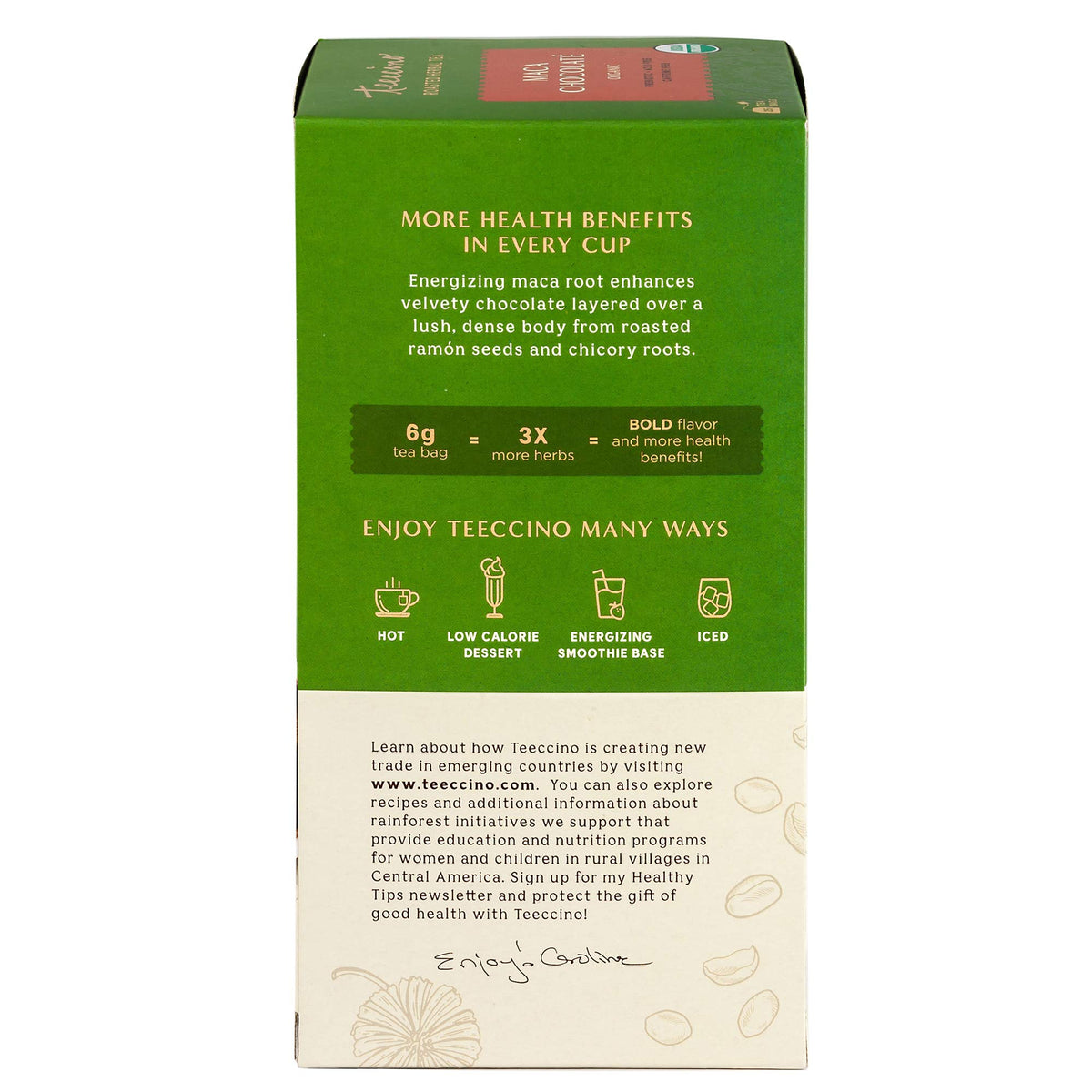 Teeccino Maca Chocolate Herbal Tea maca root image suggests energizing adaptogen notes