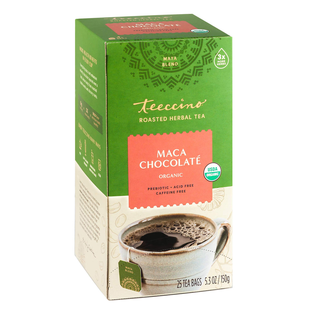 Teeccino Maca Chocolate Herbal Tea packaging emphasizes caffeine-free wellness for any time