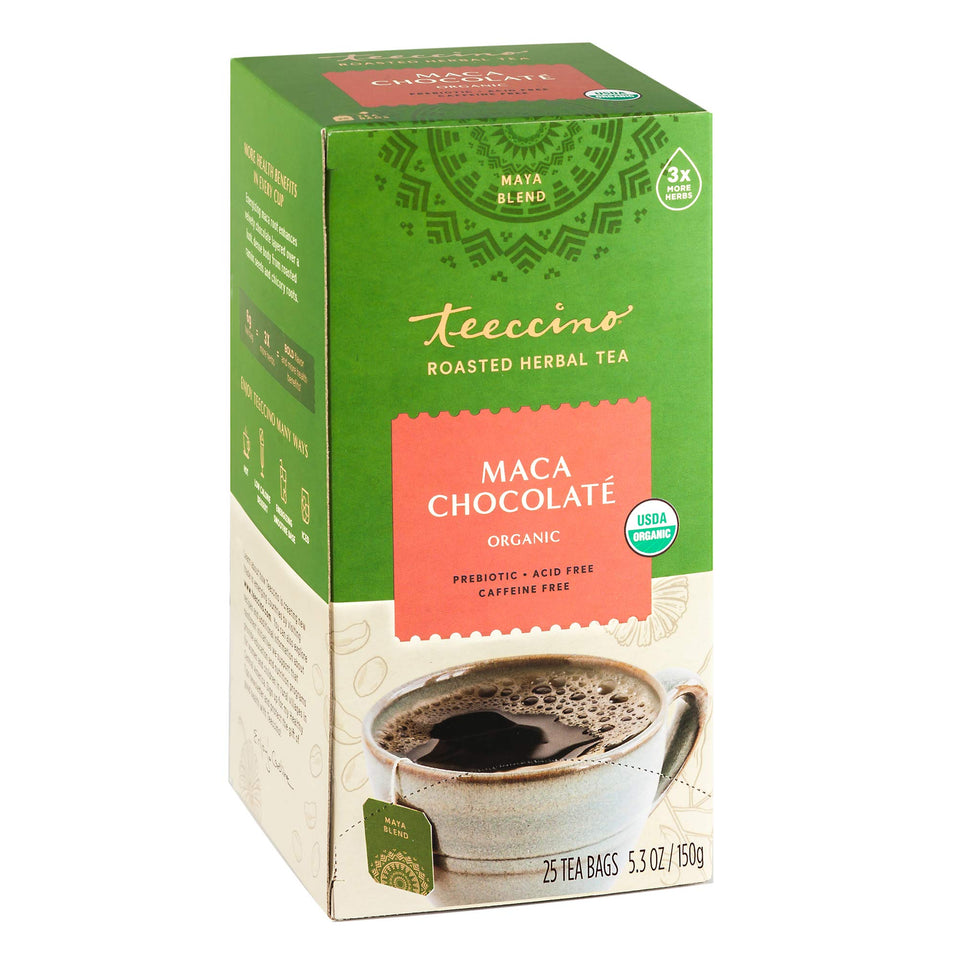 Teeccino Maca Chocolate Herbal Tea packaging emphasizes caffeine-free wellness for any time