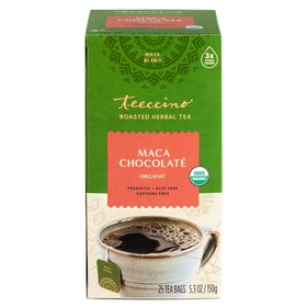 Teeccino Maca Chocolate Herbal Tea ingredients illustrate a fortified herb blend for daily rituals