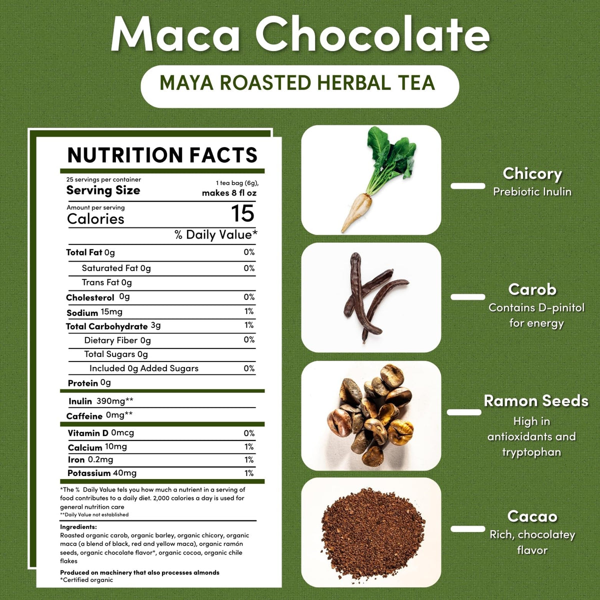 Teeccino Maca Chocolate Herbal Tea tea bag closeup reveals rich cacao and maca blend