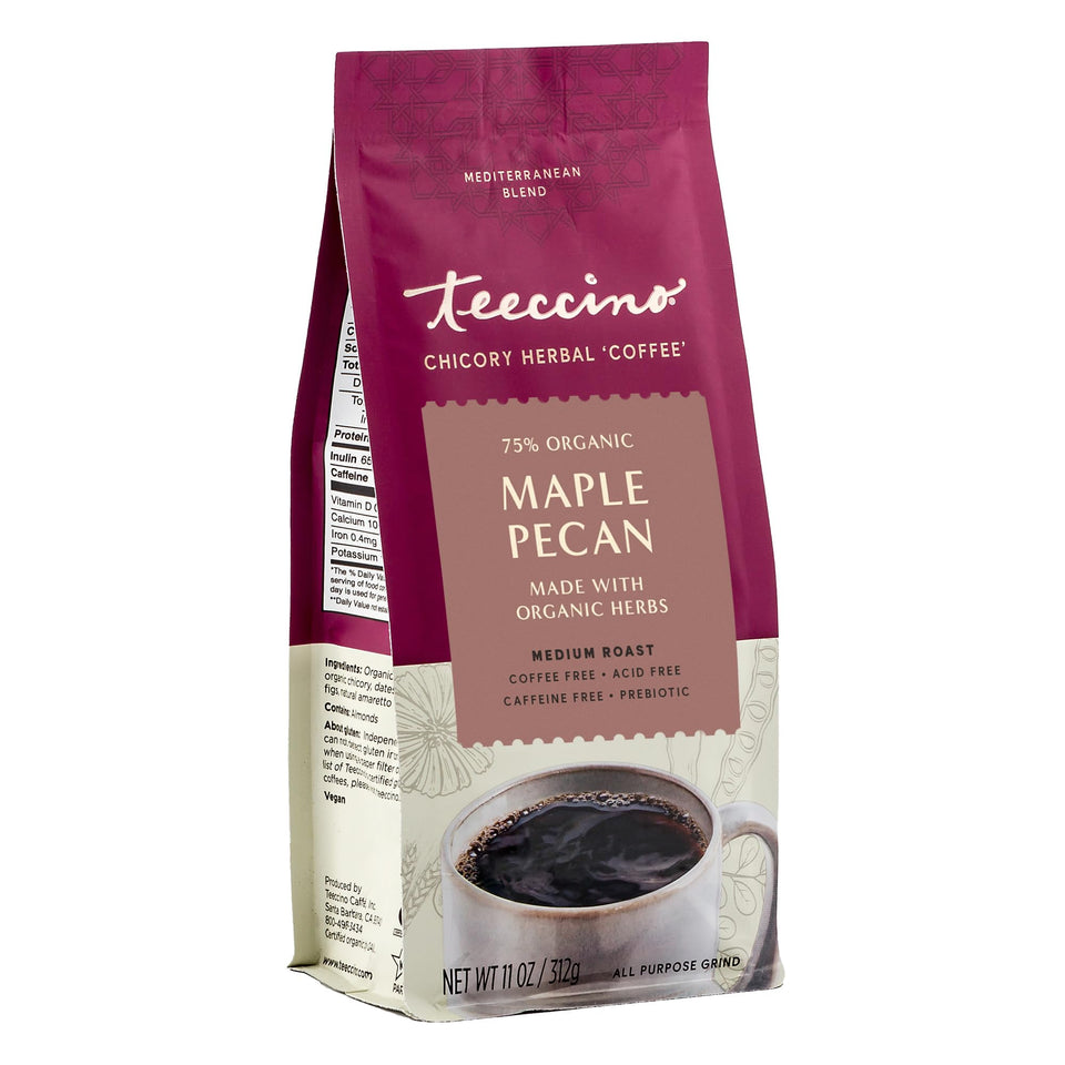Teeccino Maple Pecan Chicory grounds for caffeine-free brew
