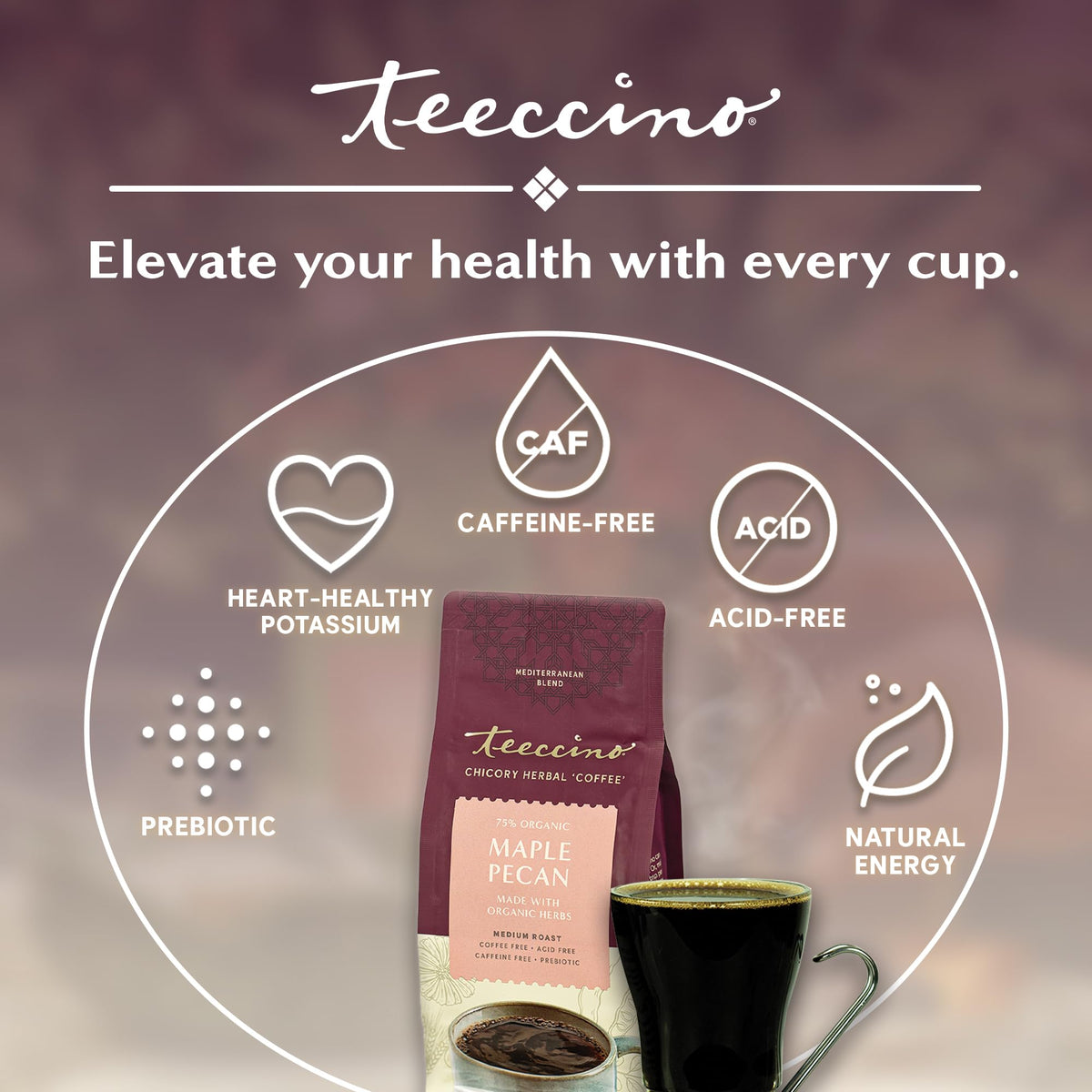 Teeccino Maple Pecan Chicory cup with latte-ready foam potential