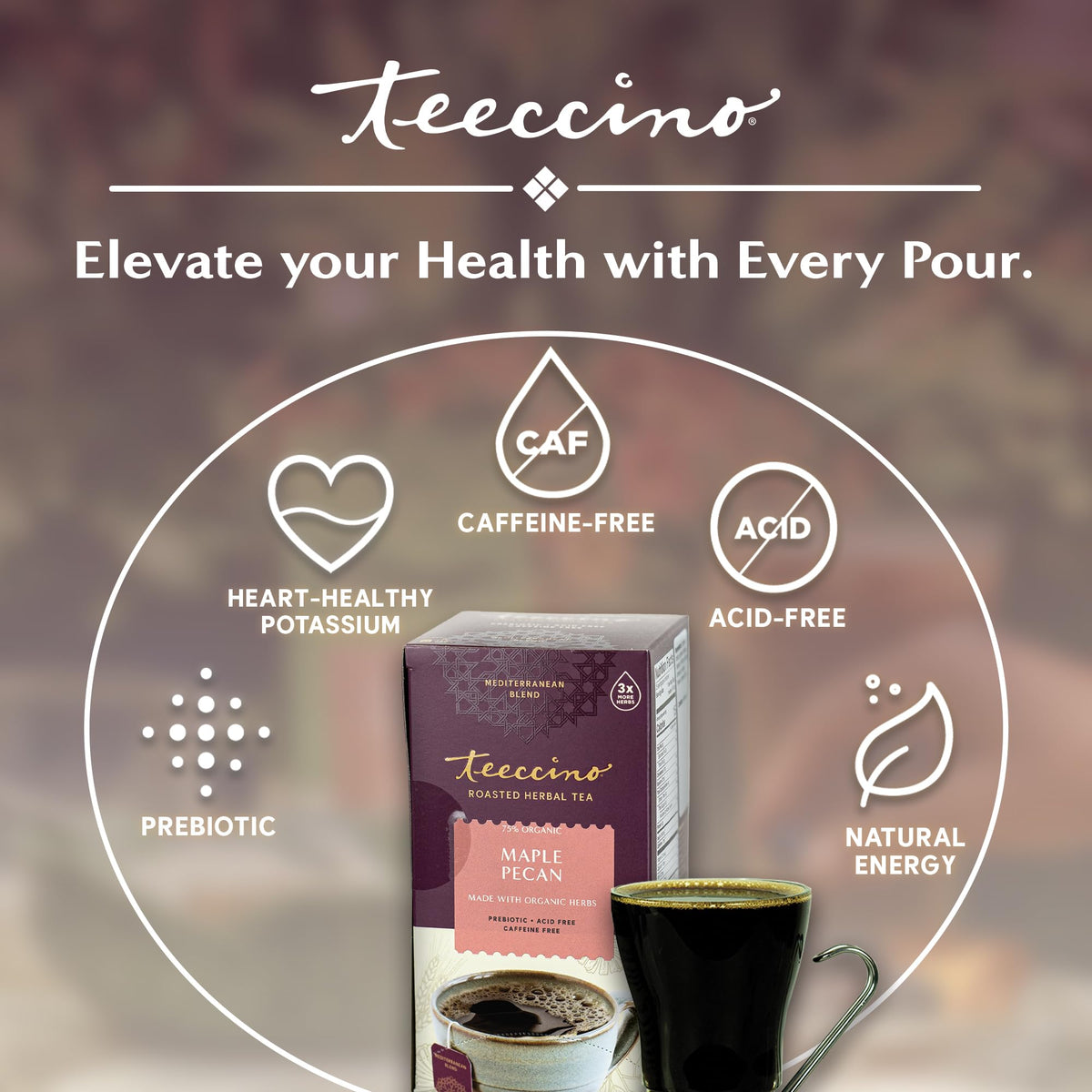 Teeccino Maple Pecan Tea latte-ready with creamy milk foam.