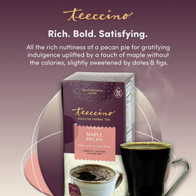 Teeccino Maple Pecan Tea packaging showcases organic, non-GMO herbs.