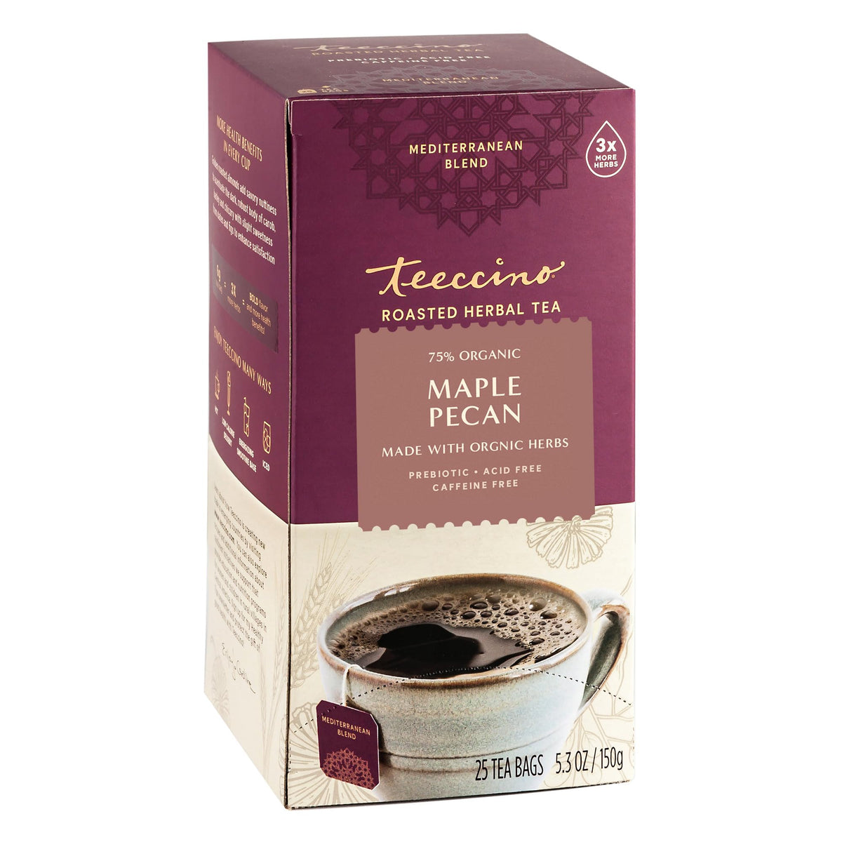 Teeccino Maple Pecan Herbal Tea steaming cup offers caffeine-free energy.