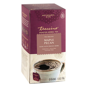 Teeccino Maple Pecan Herbal Tea steaming cup offers caffeine-free energy.