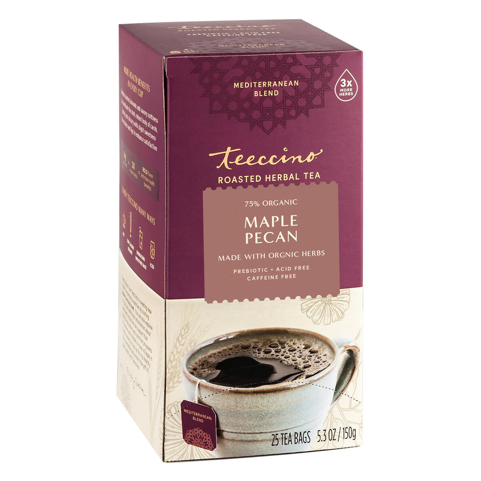 Teeccino Maple Pecan Herbal Tea steaming cup offers caffeine-free energy.