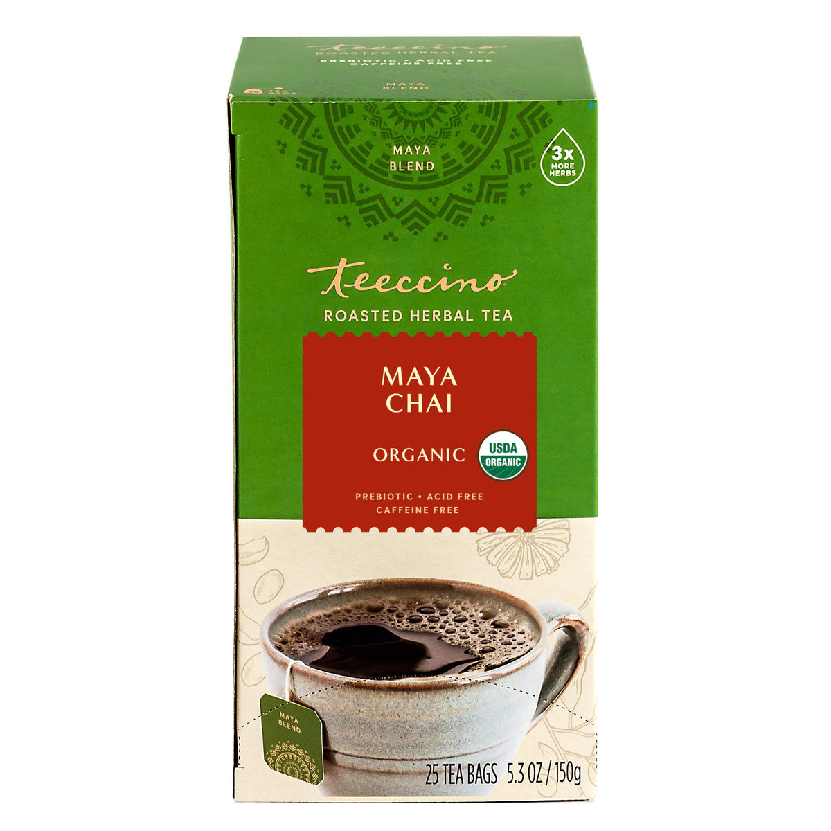 Teeccino Maya Chai cold glass refreshment ideal after meals.