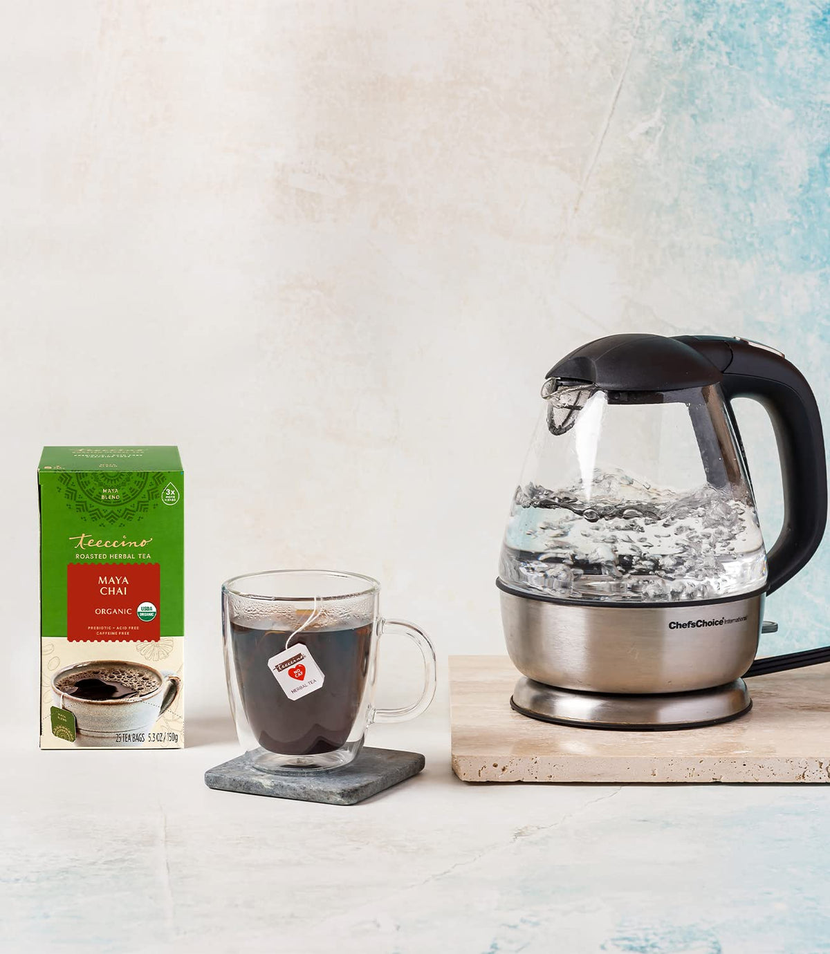 Teeccino Maya Chai hot or iced serve for year-round enjoyment.