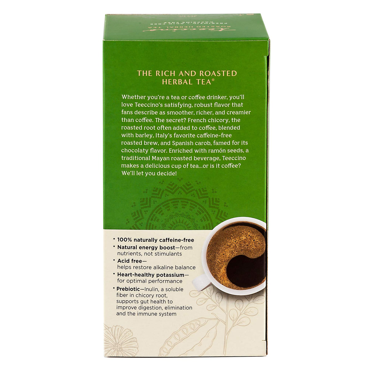 Teeccino Maya Chai latte foam enhances creamy hot beverages.