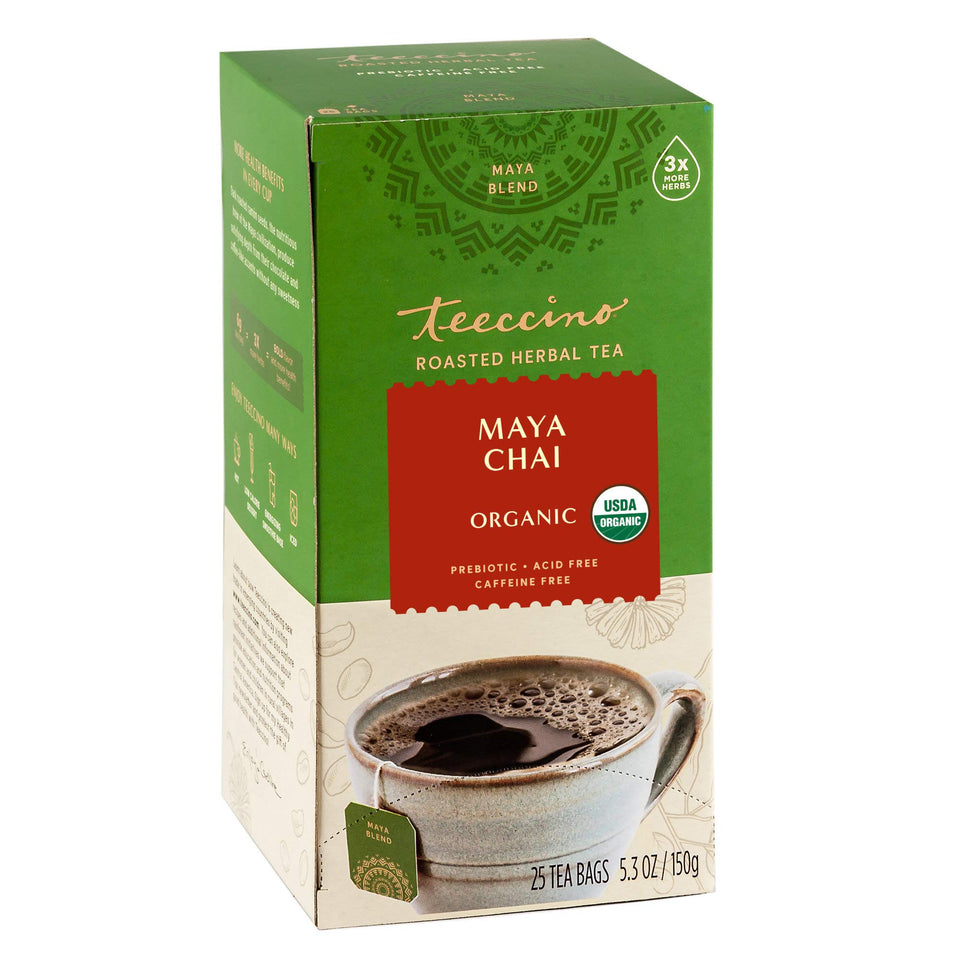 Teeccino Maya Chai Tea bag ready to brew a caffeine-free spicy blend.