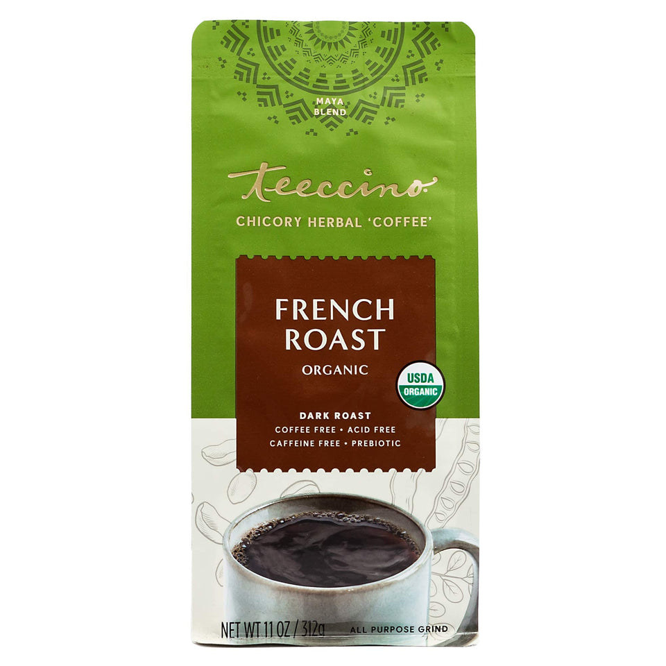 Teeccino Maya herbal coffee pour showcases a bold, coffee-like taste without caffeine.