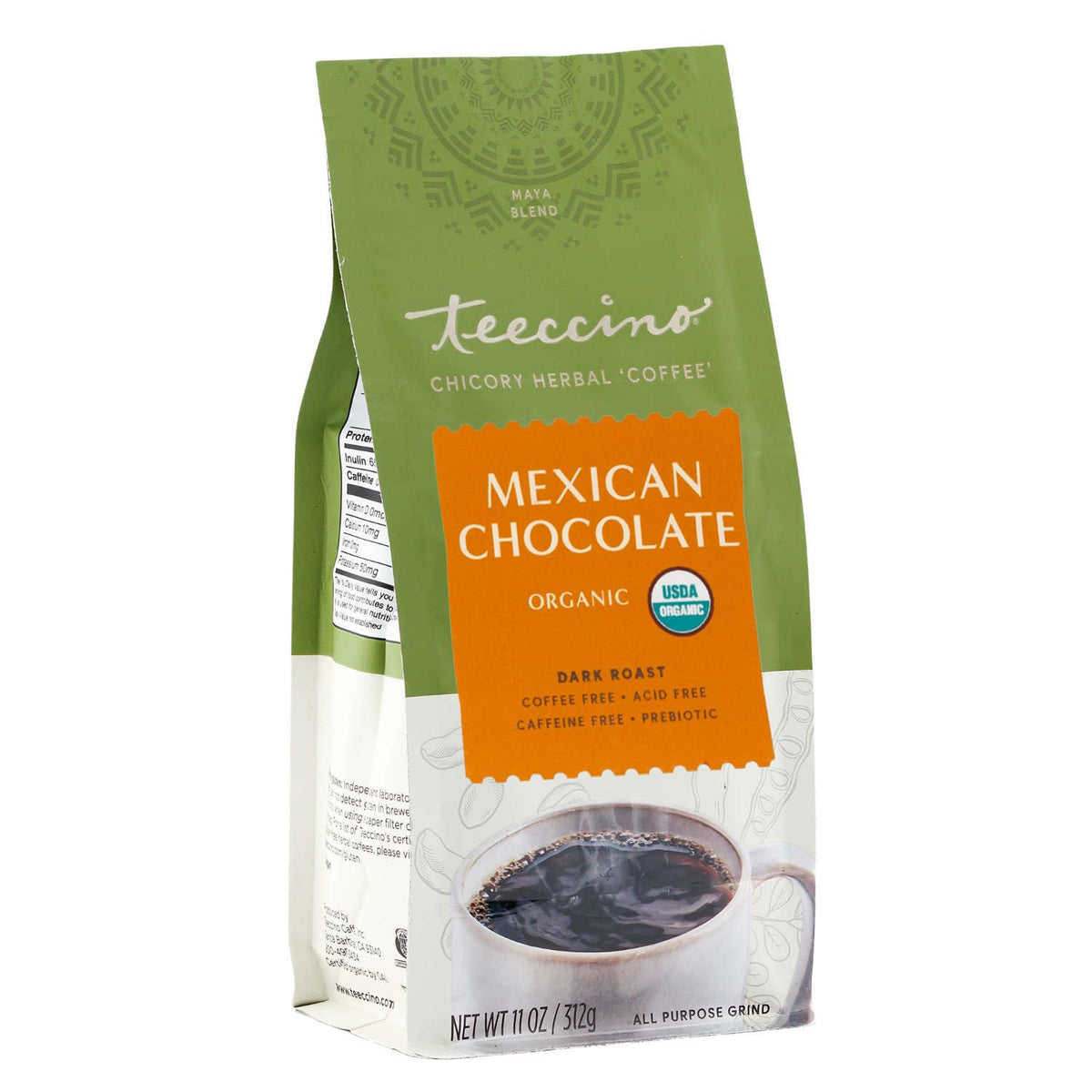 Teeccino packaging for Mexican Chocolate Chicory Coffee Alternative highlights natural ingredients and a clean label.