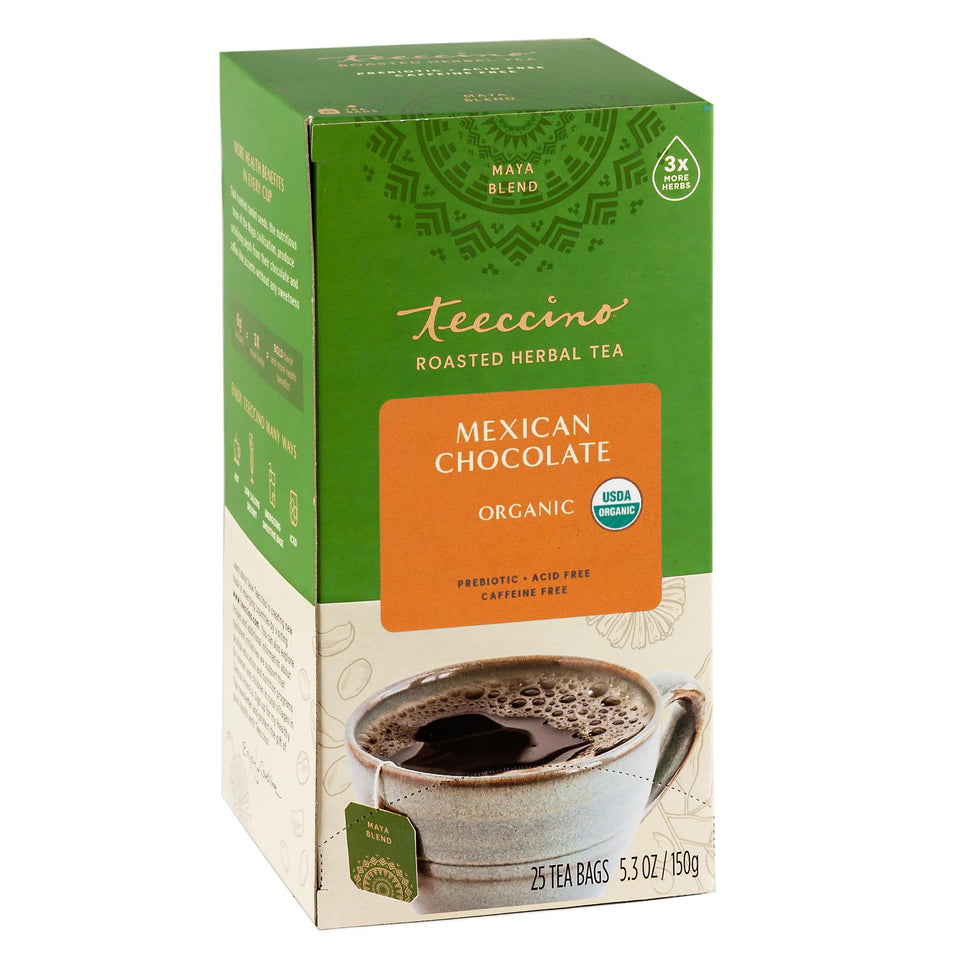 Teeccino Mexican Chocolate tea bag showing cacao and chili notes for a caffeine-free brew.
