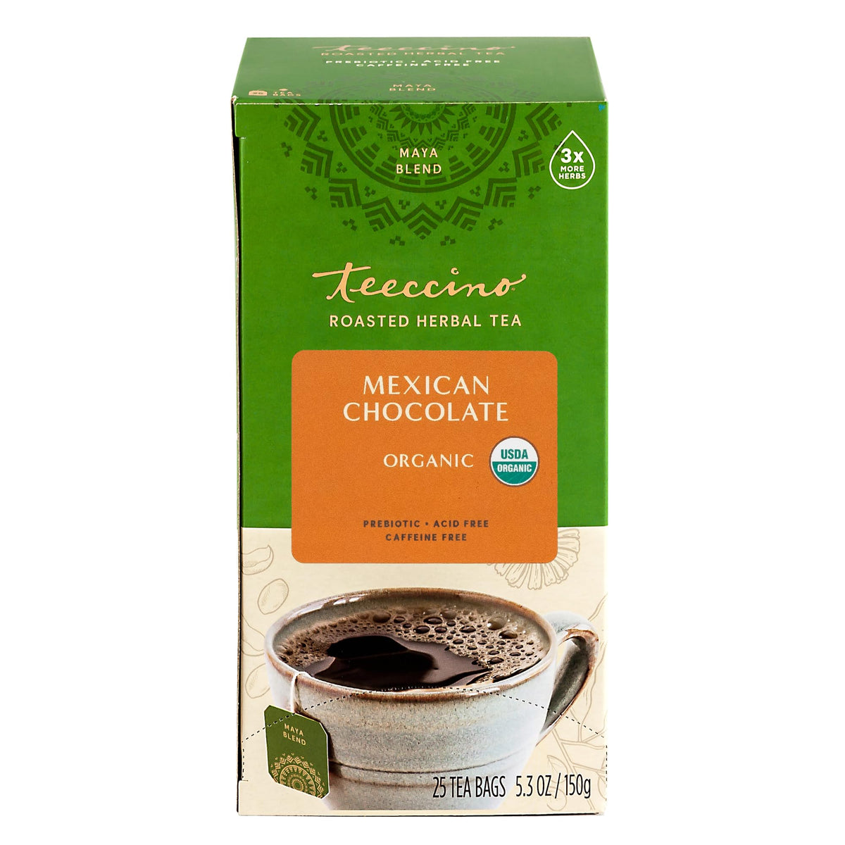 Pouring Teeccino Mexican Chocolate into a cup with rich aroma.
