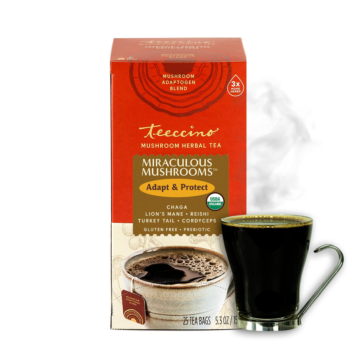 Teeccino Miraculous Mushrooms Adapt & Protect mug with steam, highlighting chicory cacao base