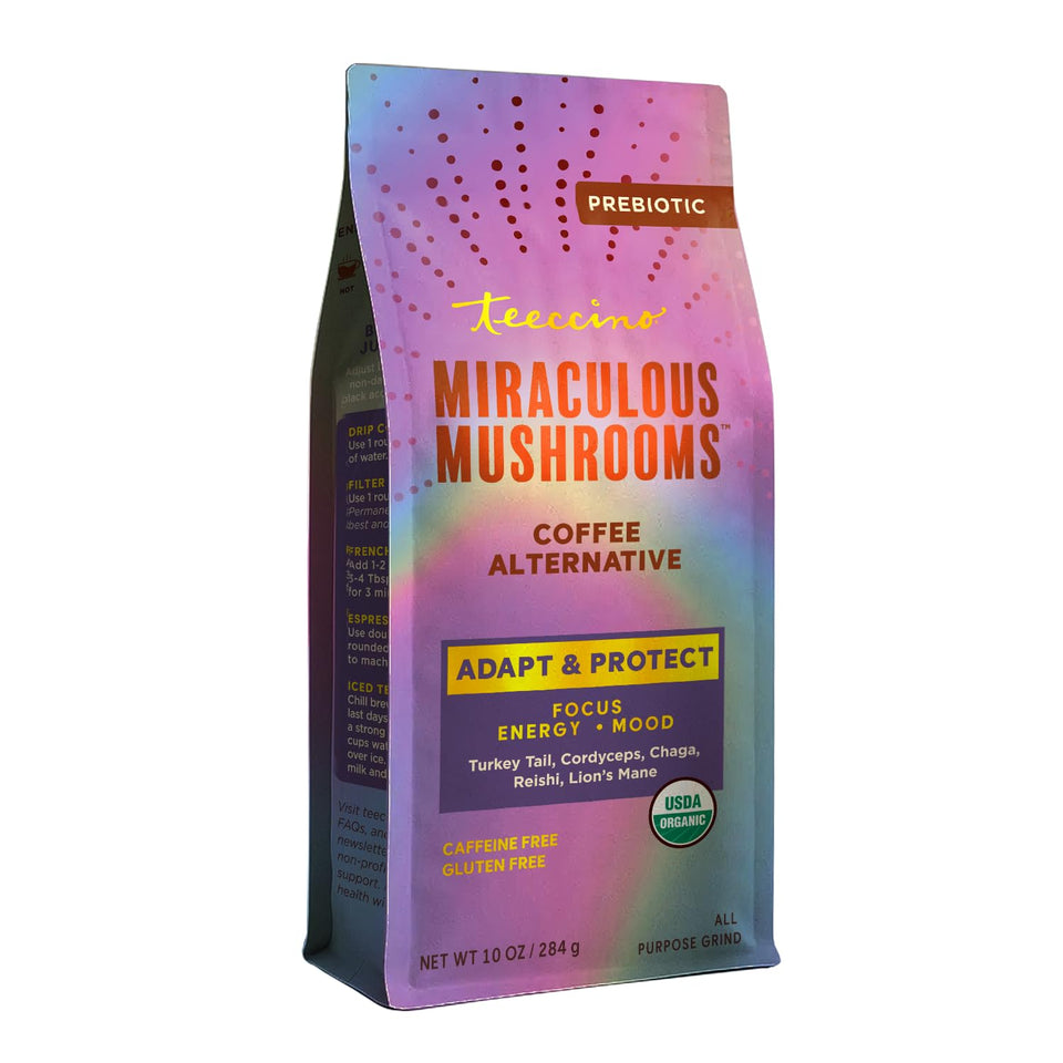 Teeccino Miraculous Mushrooms cup, caffeine-free blend for a comforting ritual.