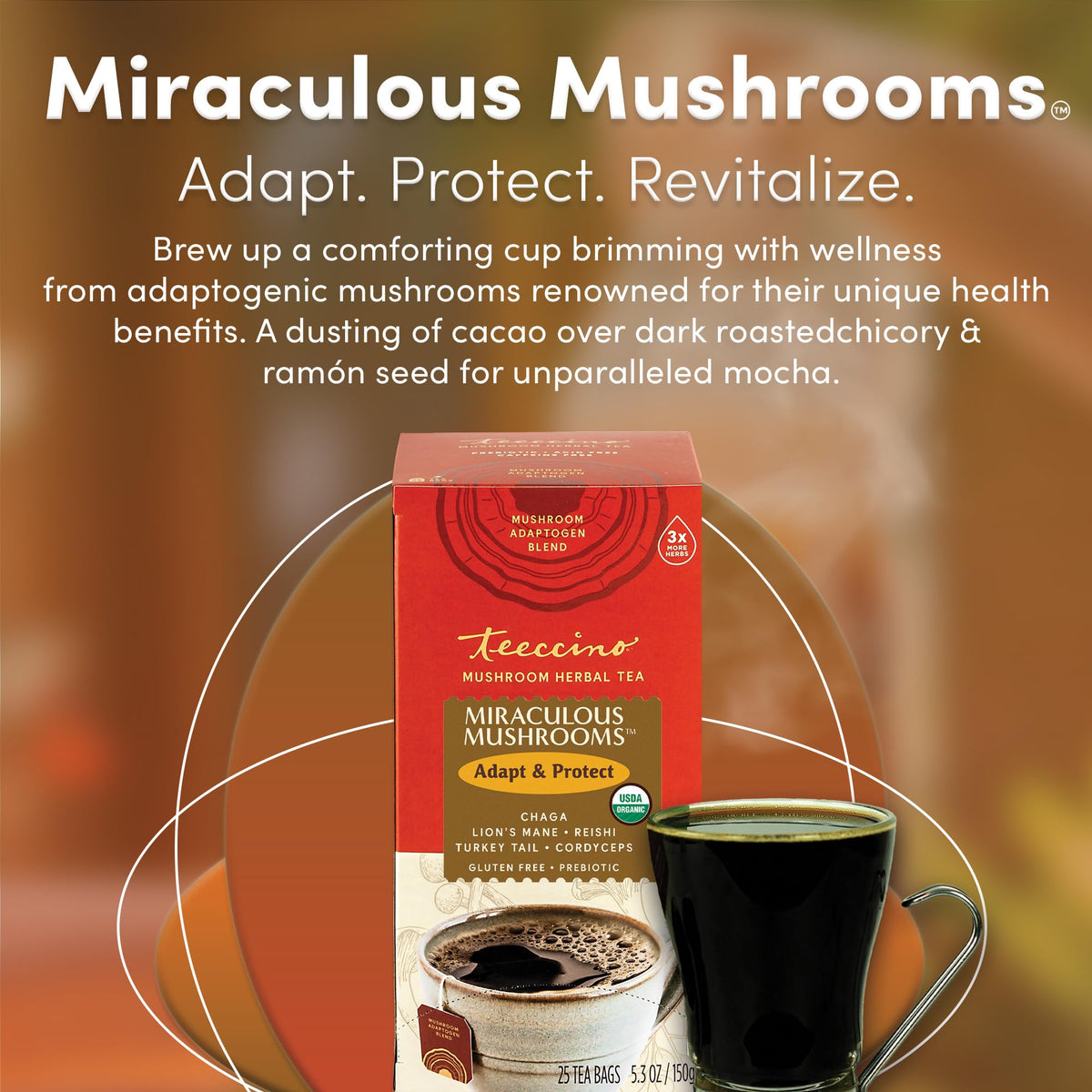 Teeccino Miraculous Mushrooms Adapt & Protect tea bag resting on saucer, rich mocha blend