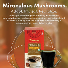 Teeccino Miraculous Mushrooms Adapt & Protect tea bag resting on saucer, rich mocha blend