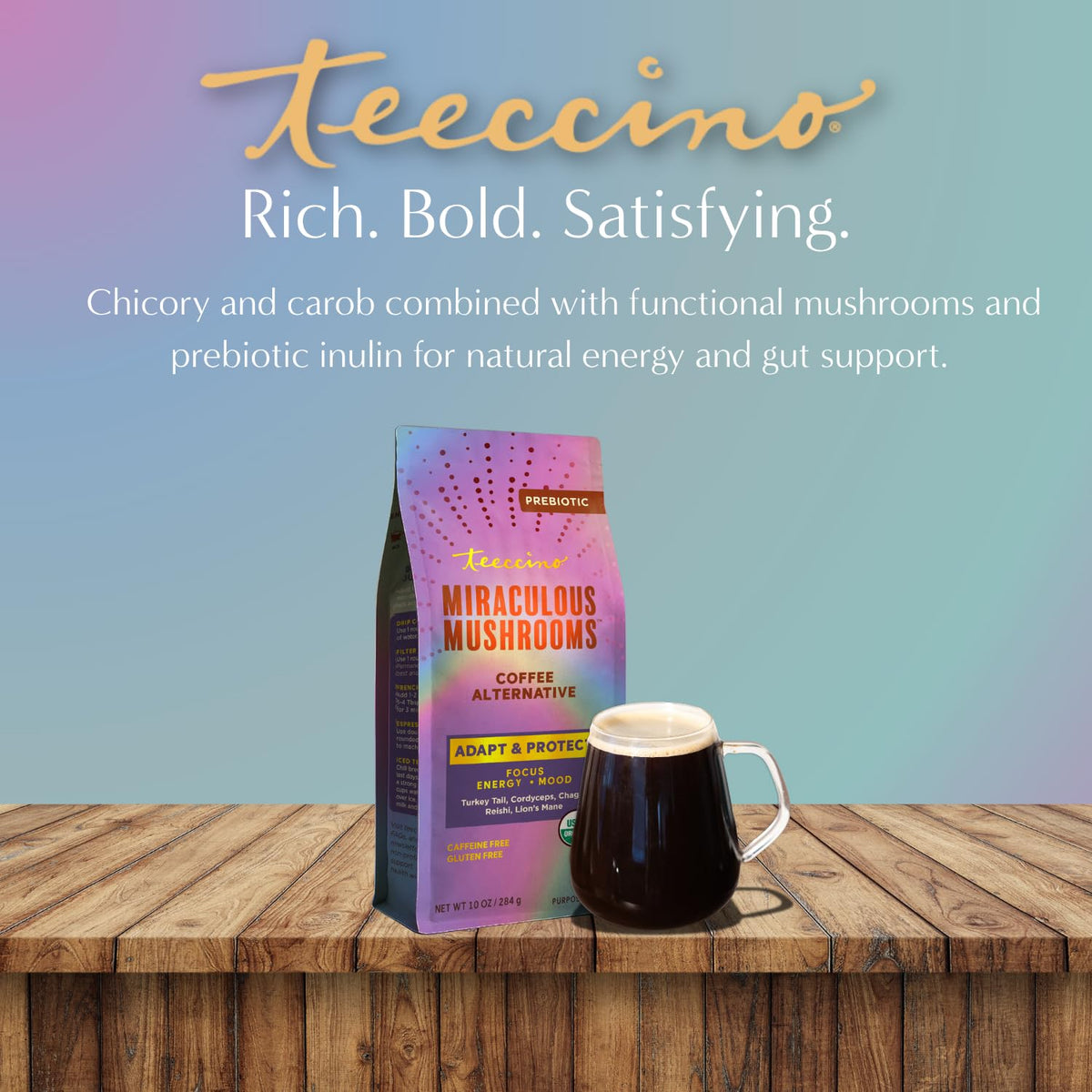 Teeccino Miraculous Mushrooms chicory and cacao ingredients highlighted.