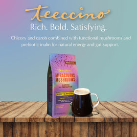 Teeccino Miraculous Mushrooms chicory and cacao ingredients highlighted.