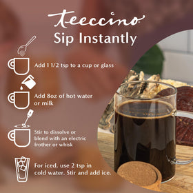 Box of Teeccino Miraculous Mushrooms Instant Cacao on a modern kitchen counter.