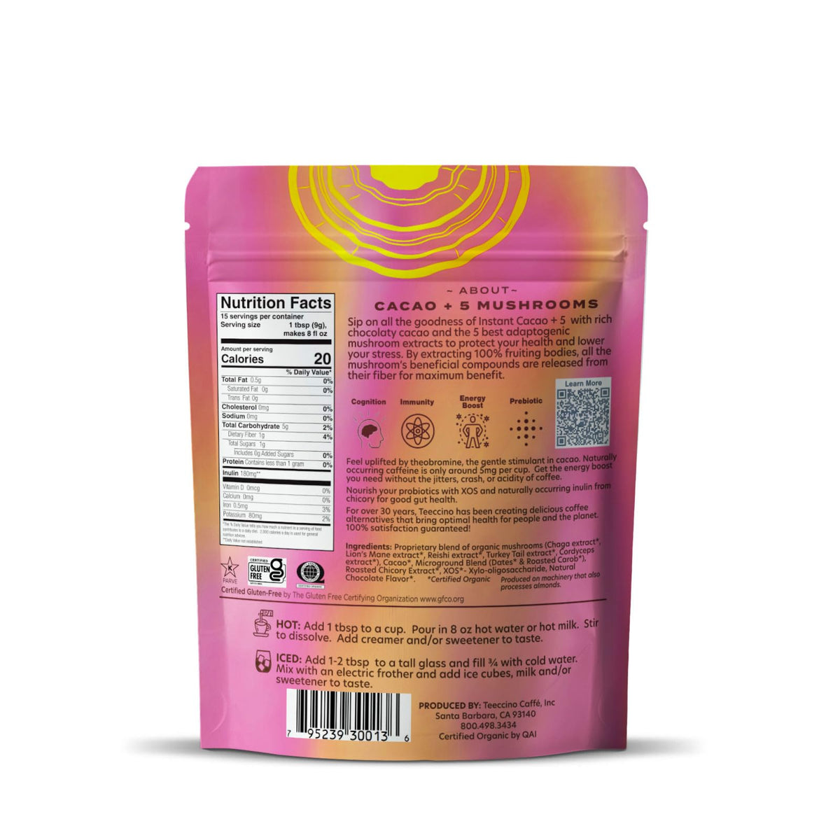 Close-up of cacao powder and dates in Teeccino mix highlighting natural sweetness.