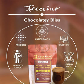 Cup of Teeccino Instant Cacao with rich aroma and smooth chocolate flavor.