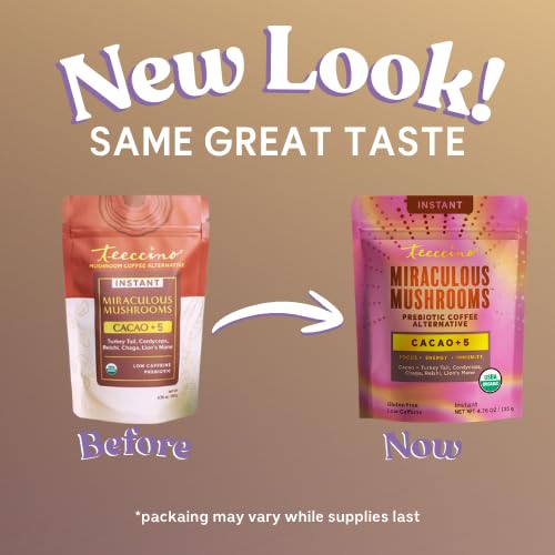 Teeccino Miraculous Mushrooms label emphasizing high potency and 2500 mg adaptogens.