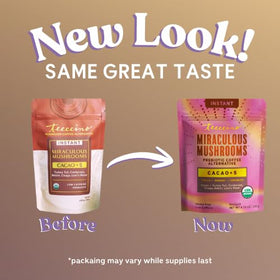 Teeccino Miraculous Mushrooms label emphasizing high potency and 2500 mg adaptogens.