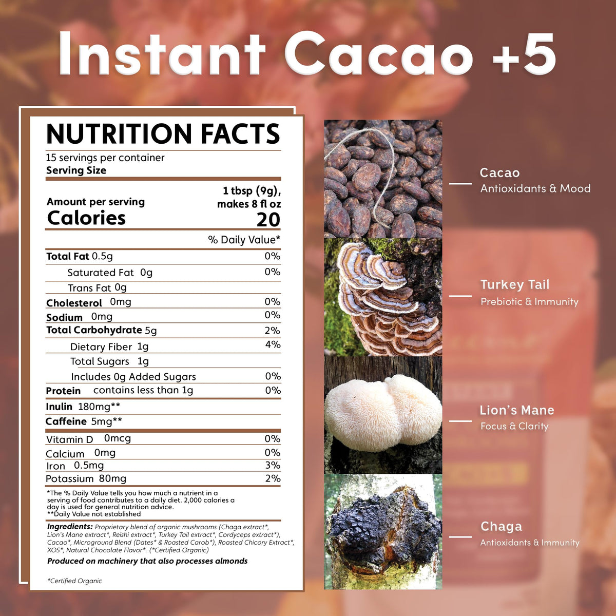 Pouring Teeccino instant cacao into a mug to show quick preparation.