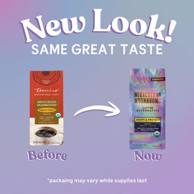Teeccino Miraculous Mushrooms packaging, organic blend ideal for daily use.